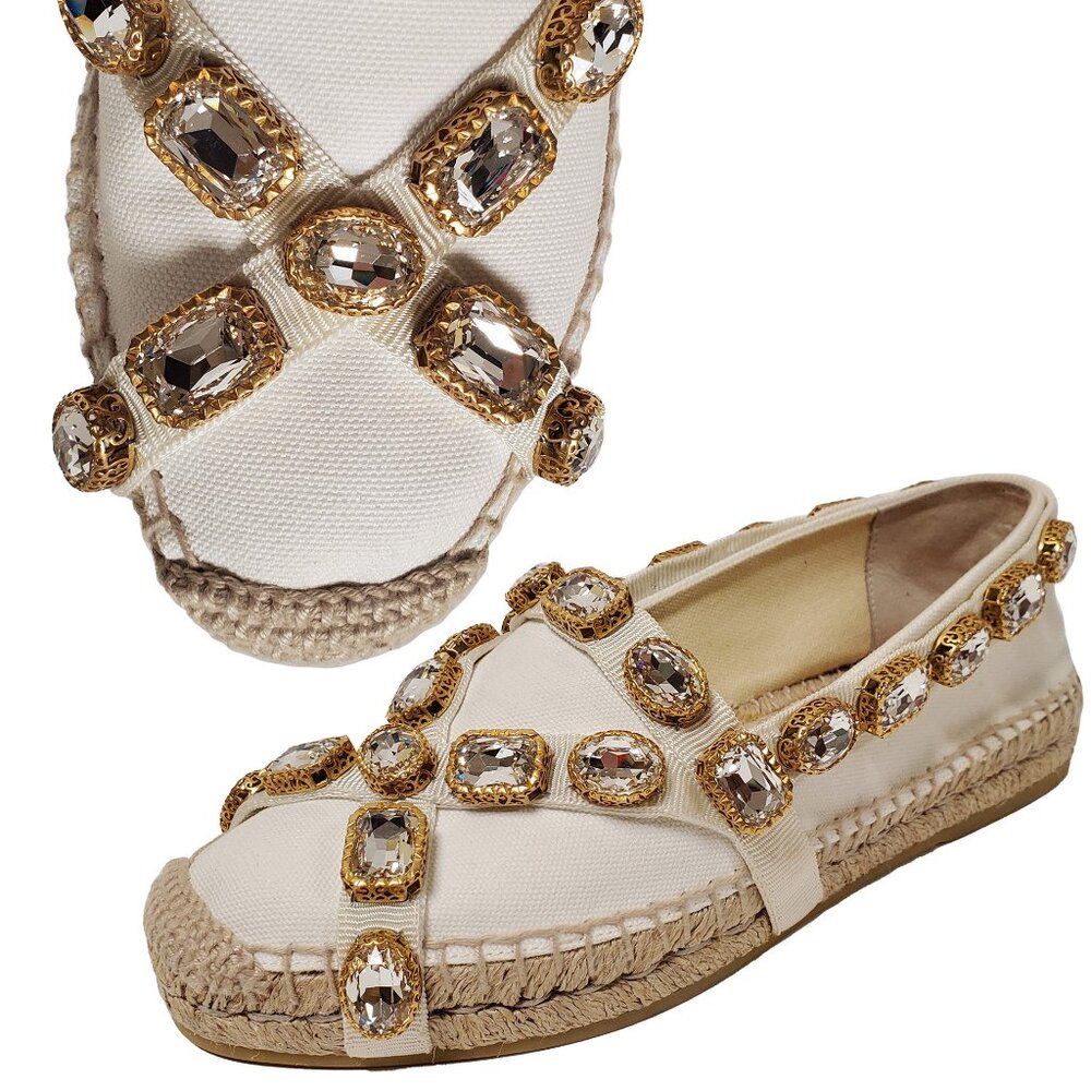 GUCCI SHOES CANVAS PILLAR CRYSTAL ESPADRILLES FLATS  IT 37 US 7